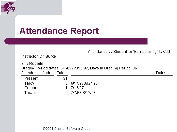 Attendance Report © 2001 Chariot Software Group Attendance Report © 2001 Chariot Software Group