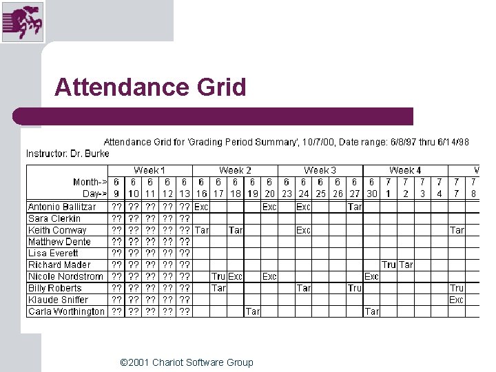 Attendance Grid © 2001 Chariot Software Group Attendance Grid © 2001 Chariot Software Group