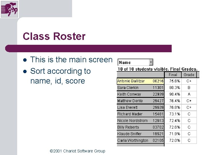 Class Roster l l This is the main screen Sort according to name, id, Class Roster l l This is the main screen Sort according to name, id,