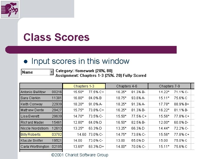 Class Scores l Input scores in this window © 2001 Chariot Software Group Class Scores l Input scores in this window © 2001 Chariot Software Group
