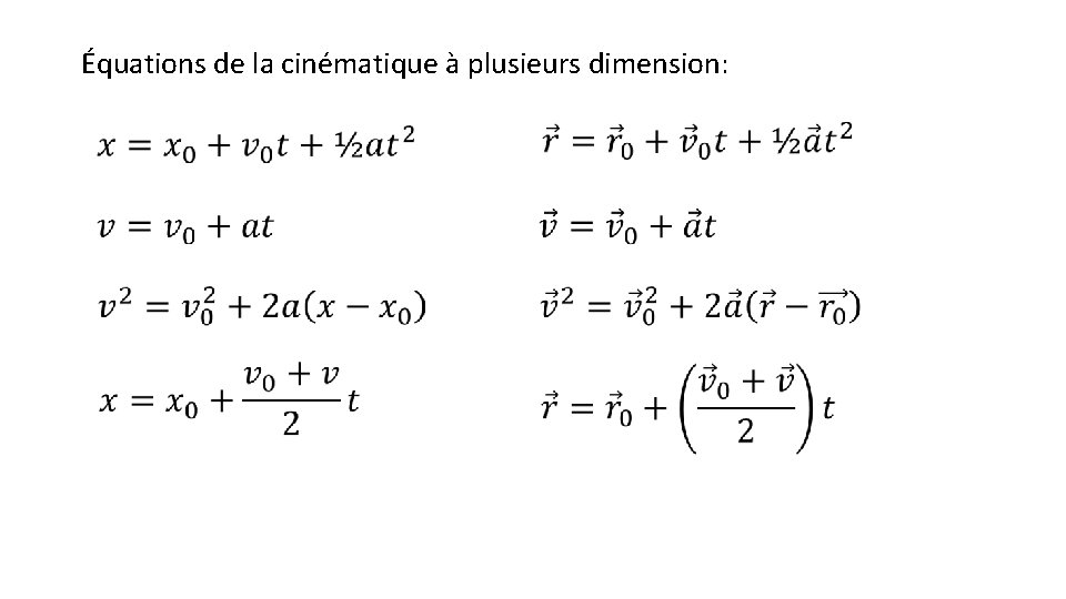 Équations de la cinématique à plusieurs dimension: 