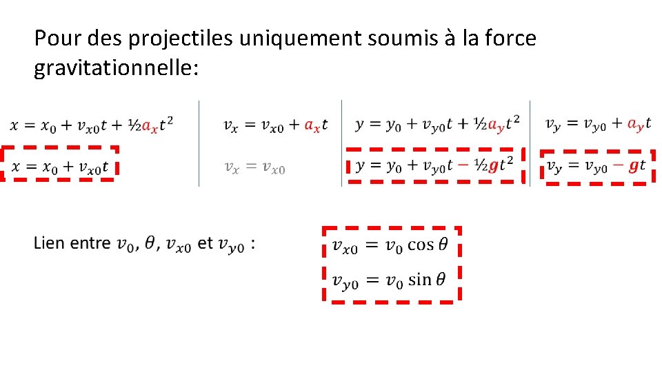 Pour des projectiles uniquement soumis à la force gravitationnelle: 