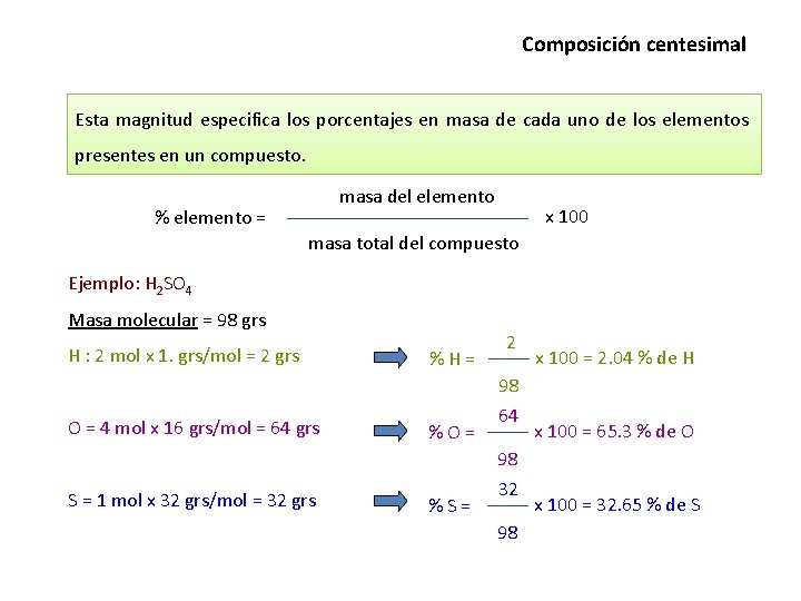 Composición centesimal Esta magnitud especifica los porcentajes en masa de cada uno de los