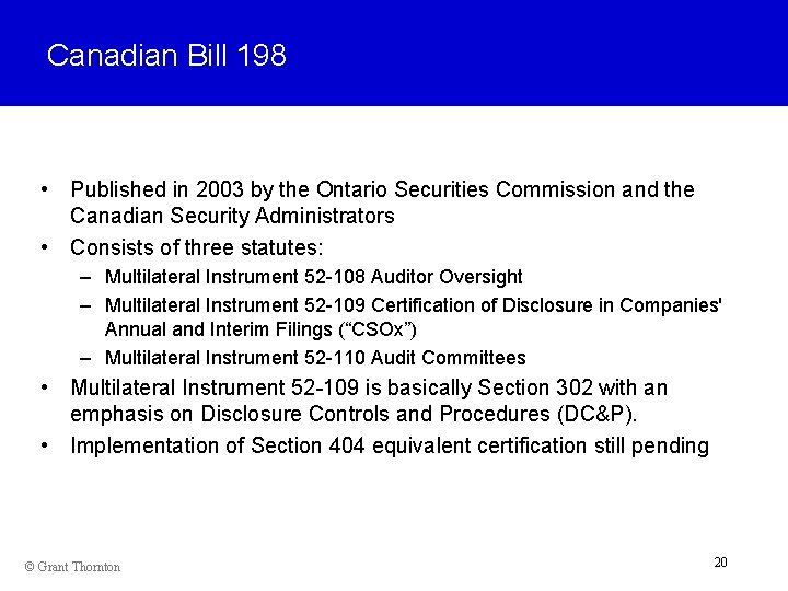 Canadian Bill 198 • Published in 2003 by the Ontario Securities Commission and the