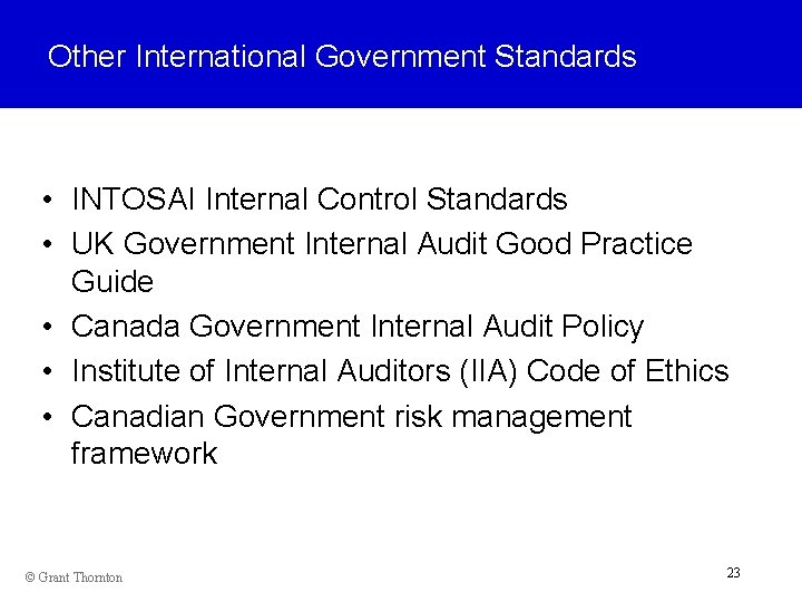 Other International Government Standards • INTOSAI Internal Control Standards • UK Government Internal Audit