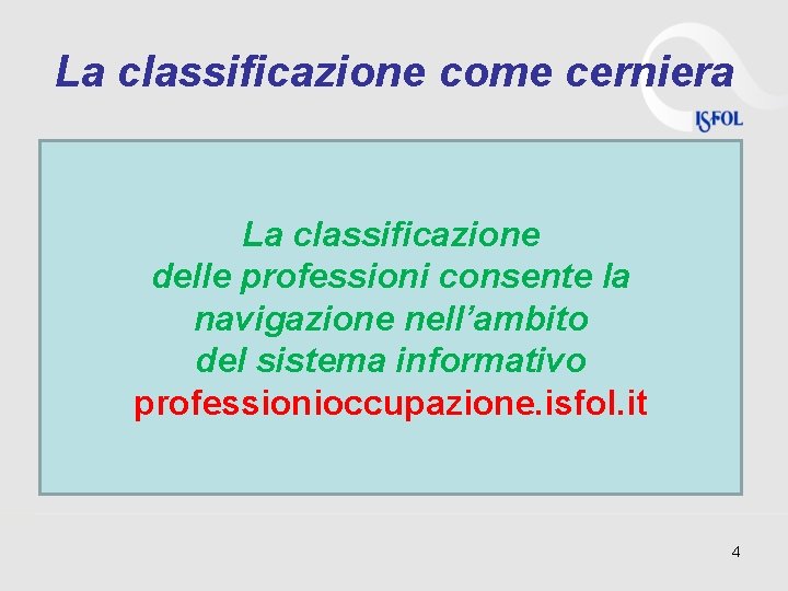 La classificazione come cerniera La classificazione delle professioni consente la navigazione nell’ambito del sistema