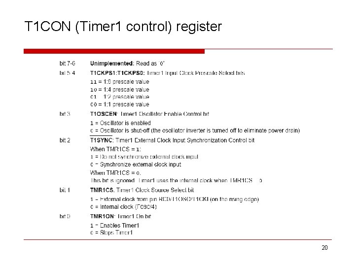 T 1 CON (Timer 1 control) register 20 