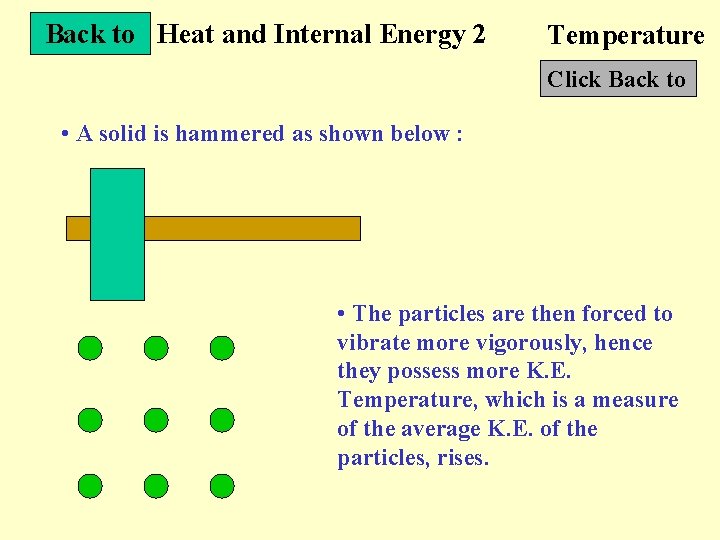 Back to Heat and Internal Energy 2 Temperature Click Back to • A solid