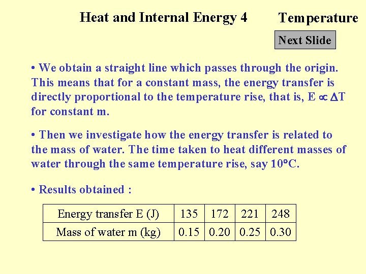 Heat and Internal Energy 4 Temperature Next Slide • We obtain a straight line