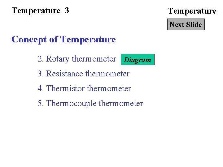 Temperature 3 Temperature Next Slide Concept of Temperature 2. Rotary thermometer Diagram 3. Resistance