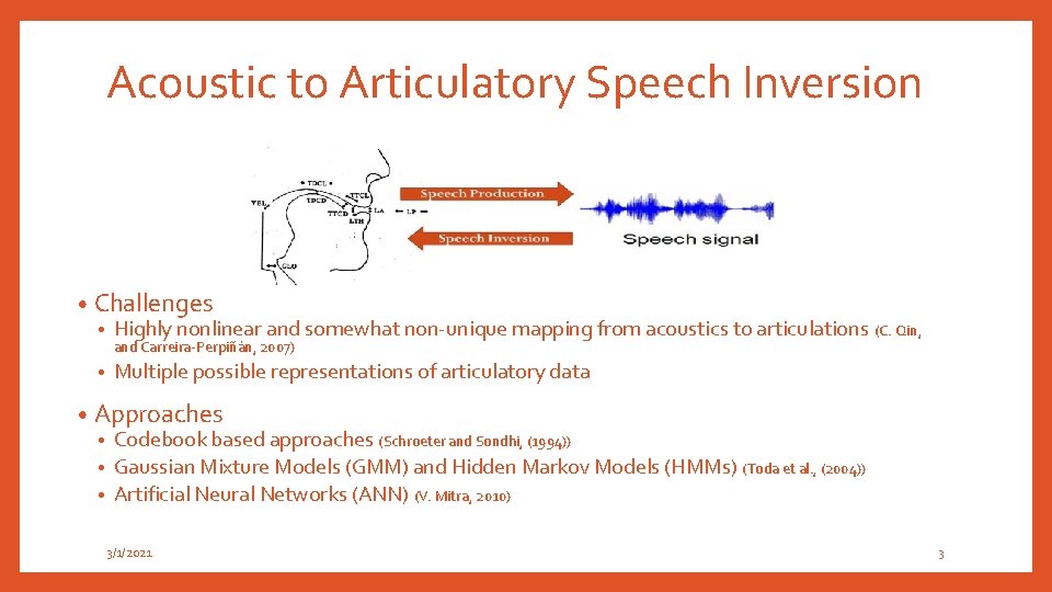 Acoustic to Articulatory Speech Inversion • Challenges • Highly nonlinear and somewhat non-unique mapping