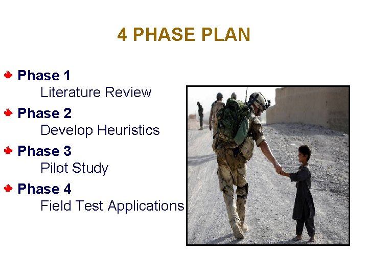 4 PHASE PLAN Phase 1 Literature Review Phase 2 Develop Heuristics Phase 3 Pilot