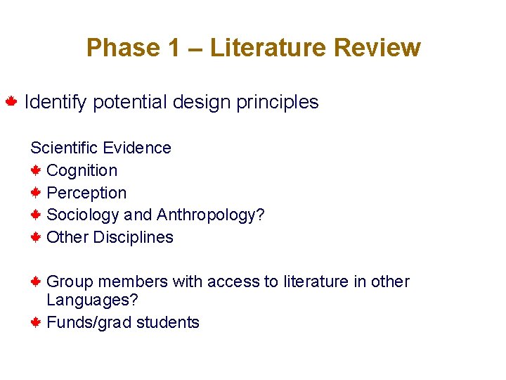 Phase 1 – Literature Review Identify potential design principles Scientific Evidence Cognition Perception Sociology