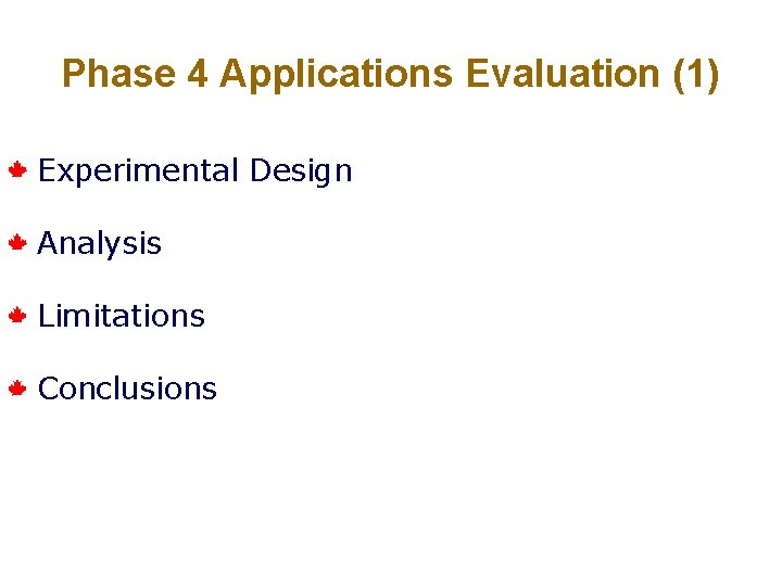 Phase 4 Applications Evaluation (1) Experimental Design Analysis Limitations Conclusions 