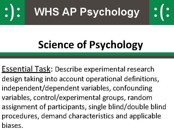 WHS AP Psychology Science of Psychology Essential Task: Describe experimental research design taking into