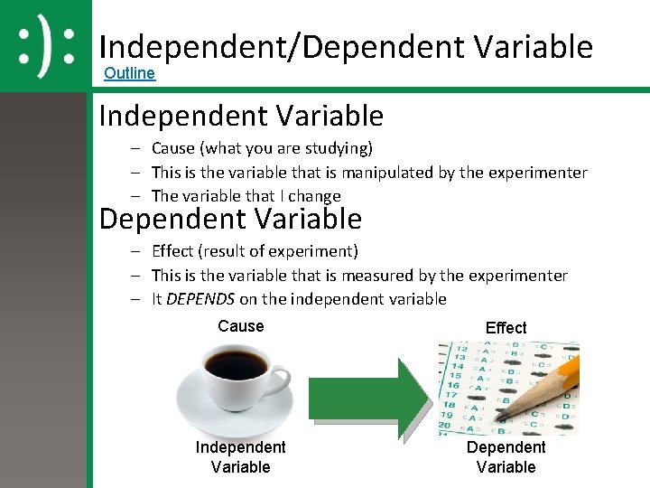 Independent/Dependent Variable Outline Independent Variable – Cause (what you are studying) – This is