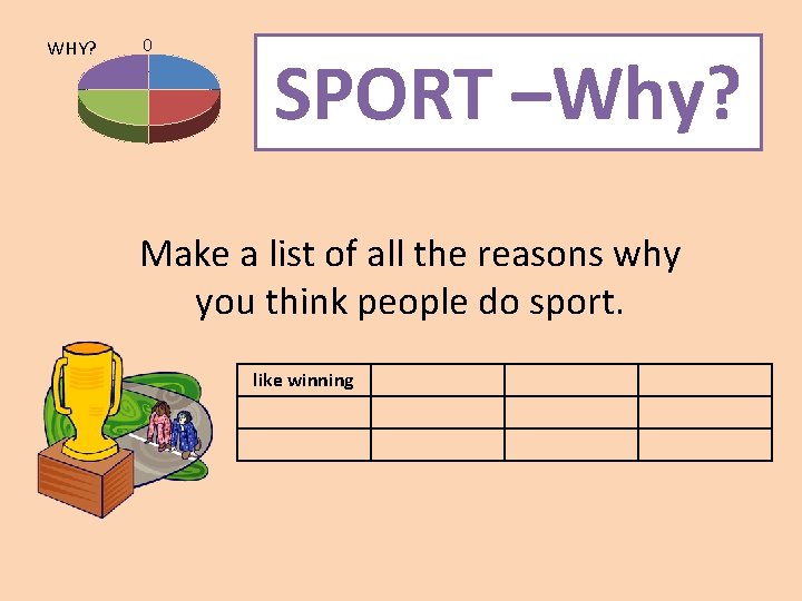 WHY? 0 SPORT –Why? Make a list of all the reasons why you think