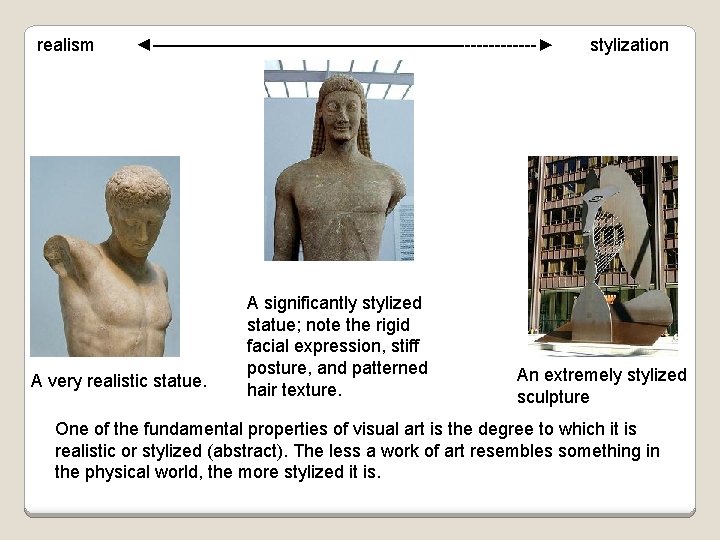 realism ◄—————————-------► stylization A very realistic statue. A significantly stylized statue; note the rigid