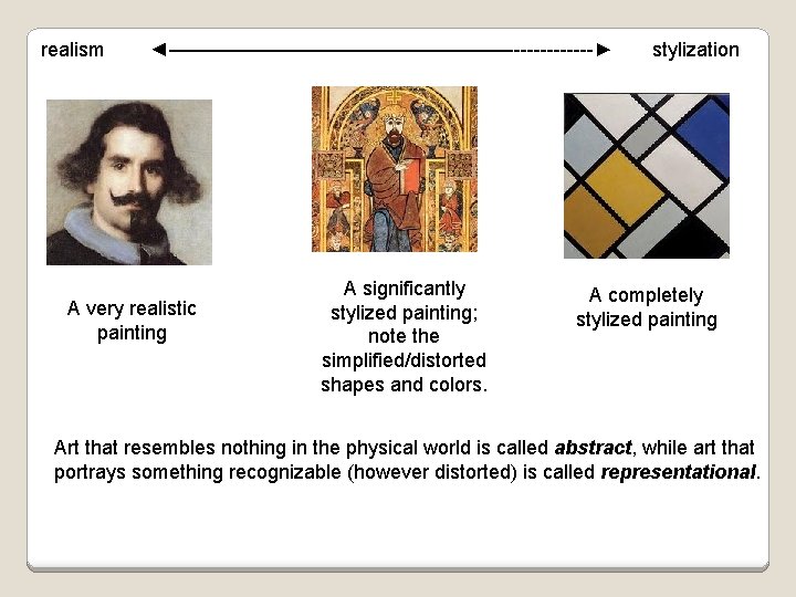 realism ◄—————————-------► stylization A very realistic painting A significantly stylized painting; note the simplified/distorted