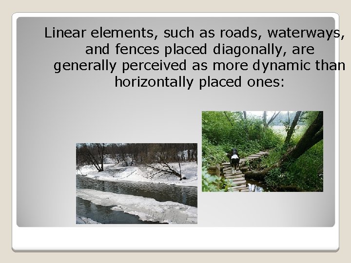 Linear elements, such as roads, waterways, and fences placed diagonally, are generally perceived as