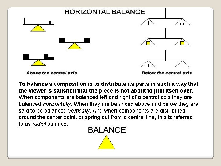 To balance a composition is to distribute its parts in such a way that