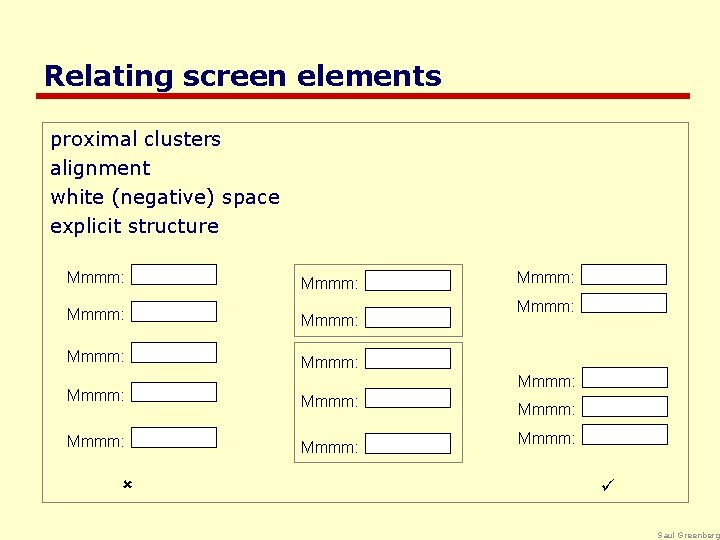 Relating screen elements proximal clusters alignment white (negative) space explicit structure Mmmm: Mmmm: Mmmm: