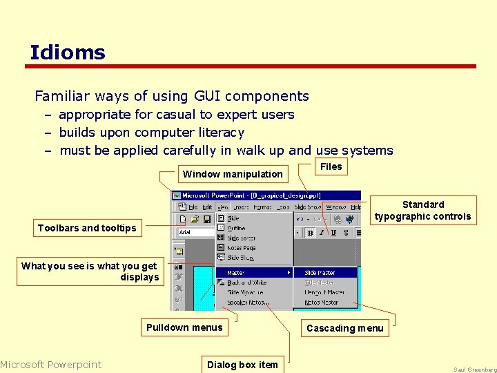 Idioms Familiar ways of using GUI components – appropriate for casual to expert users