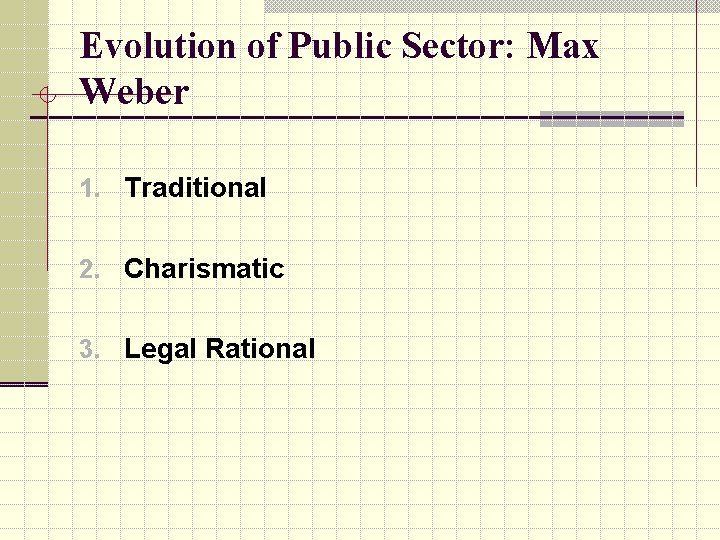 Evolution of Public Sector: Max Weber 1. Traditional 2. Charismatic 3. Legal Rational 