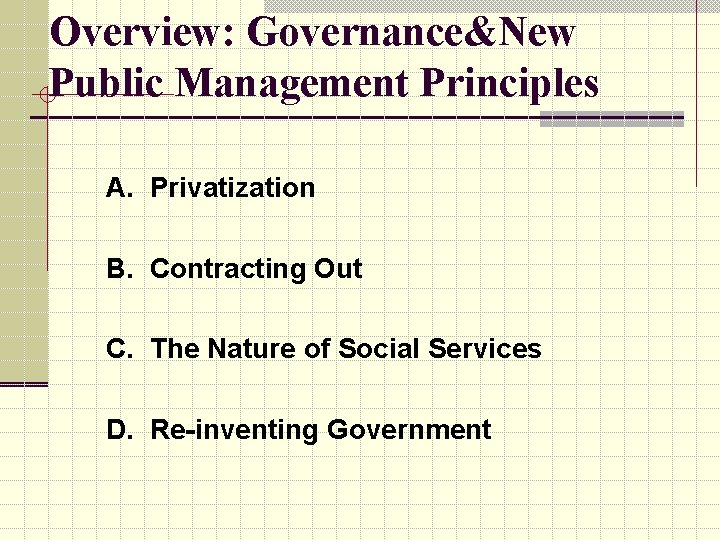 Overview: Governance&New Public Management Principles A. Privatization B. Contracting Out C. The Nature of