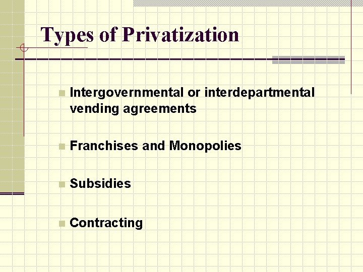 Types of Privatization n Intergovernmental or interdepartmental vending agreements n Franchises and Monopolies n