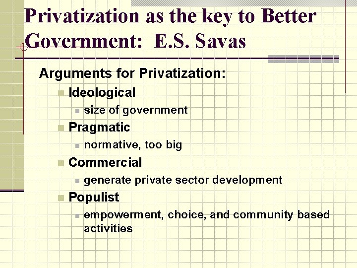 Privatization as the key to Better Government: E. S. Savas Arguments for Privatization: n