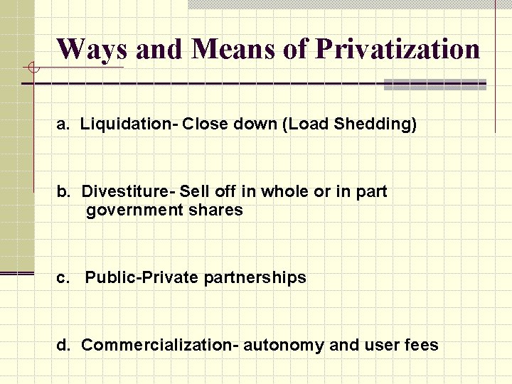 Ways and Means of Privatization a. Liquidation- Close down (Load Shedding) b. Divestiture- Sell