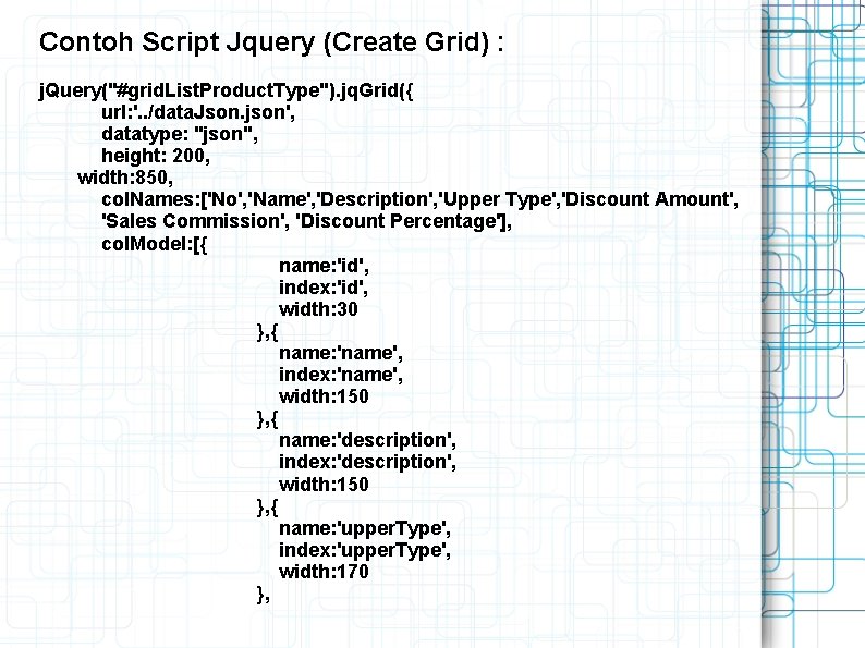 Contoh Script Jquery (Create Grid) : j. Query("#grid. List. Product. Type"). jq. Grid({ url: