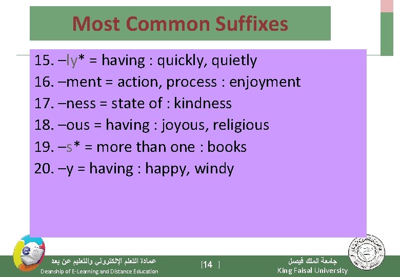 Most Common Suffixes 15. –ly* = having : quickly, quietly 16. –ment = action,