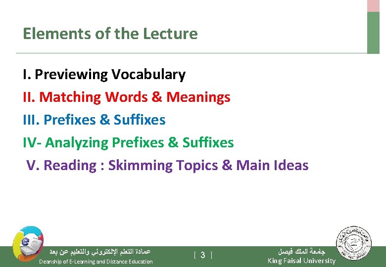 Elements of the Lecture I. Previewing Vocabulary II. Matching Words & Meanings III. Prefixes