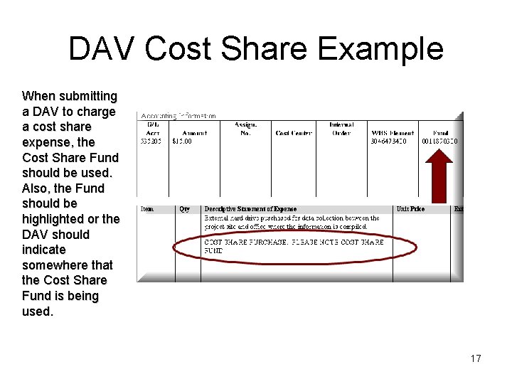 DAV Cost Share Example When submitting a DAV to charge a cost share expense,