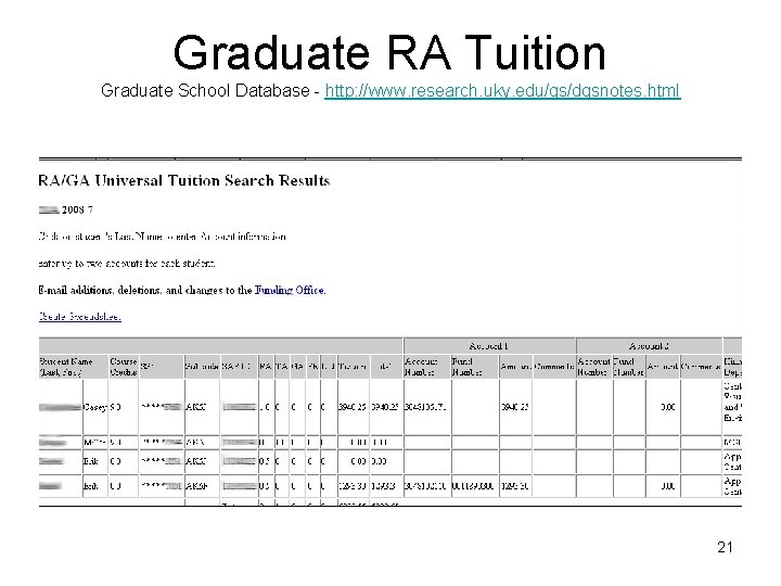 Graduate RA Tuition Graduate School Database - http: //www. research. uky. edu/gs/dgsnotes. html 21