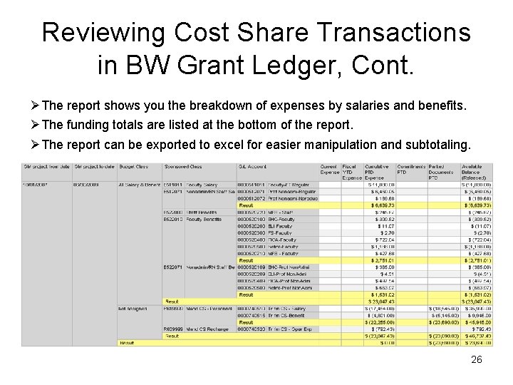 Reviewing Cost Share Transactions in BW Grant Ledger, Cont. ØThe report shows you the