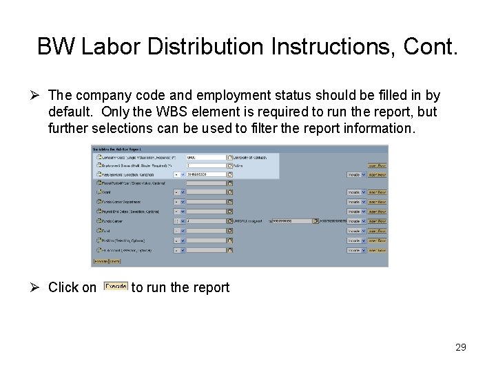 BW Labor Distribution Instructions, Cont. Ø The company code and employment status should be