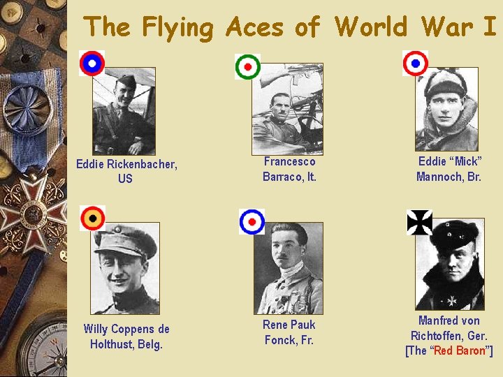 The Flying Aces of World War I Eddie Rickenbacher, US Francesco Barraco, It. Eddie