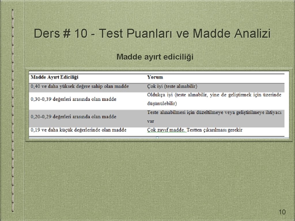 Ders # 10 - Test Puanları ve Madde Analizi Madde ayırt ediciliği 10 