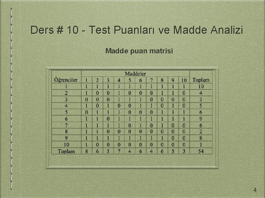 Ders # 10 - Test Puanları ve Madde Analizi Madde puan matrisi 4 