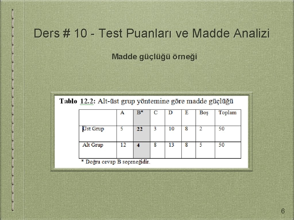 Ders # 10 - Test Puanları ve Madde Analizi Madde güçlüğü örneği 6 