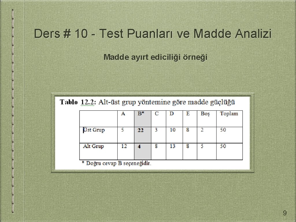 Ders # 10 - Test Puanları ve Madde Analizi Madde ayırt ediciliği örneği 9