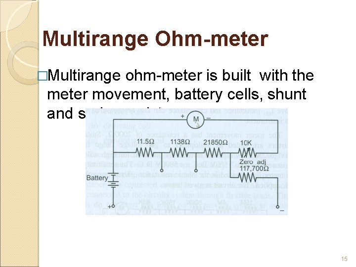 Multirange Ohm-meter �Multirange ohm-meter is built with the meter movement, battery cells, shunt and