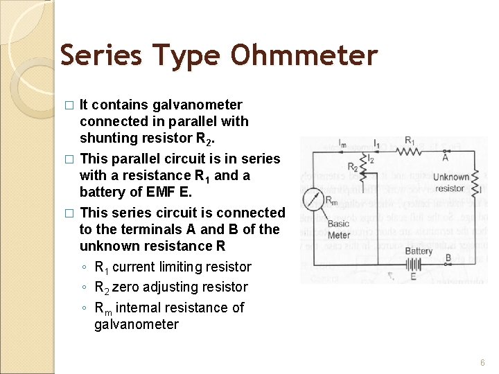 Series Type Ohmmeter It contains galvanometer connected in parallel with shunting resistor R 2.