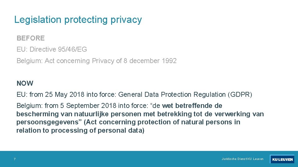 Legislation protecting privacy BEFORE EU: Directive 95/46/EG Belgium: Act concerning Privacy of 8 december