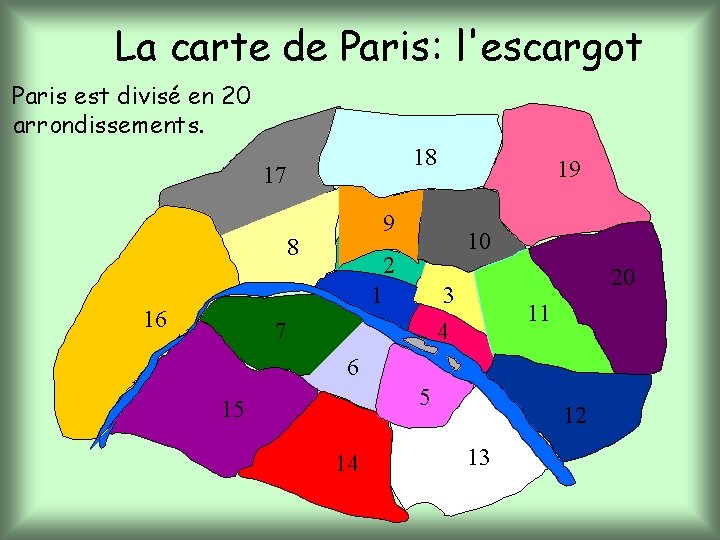 La carte de Paris: l'escargot Paris est divisé en 20 arrondissements. 18 17 9