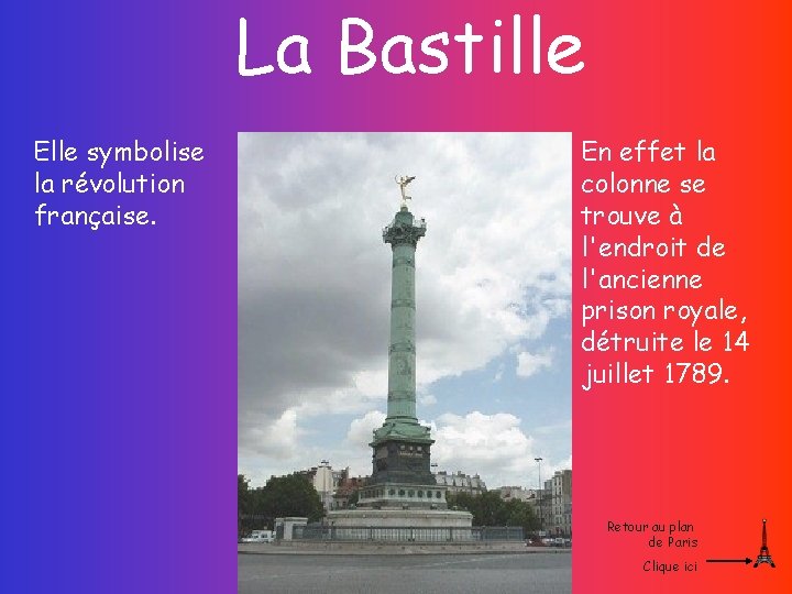 La Bastille Elle symbolise la révolution française. En effet la colonne se trouve à