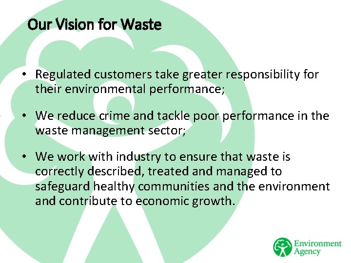 Our Vision for Waste • Regulated customers take greater responsibility for their environmental performance;